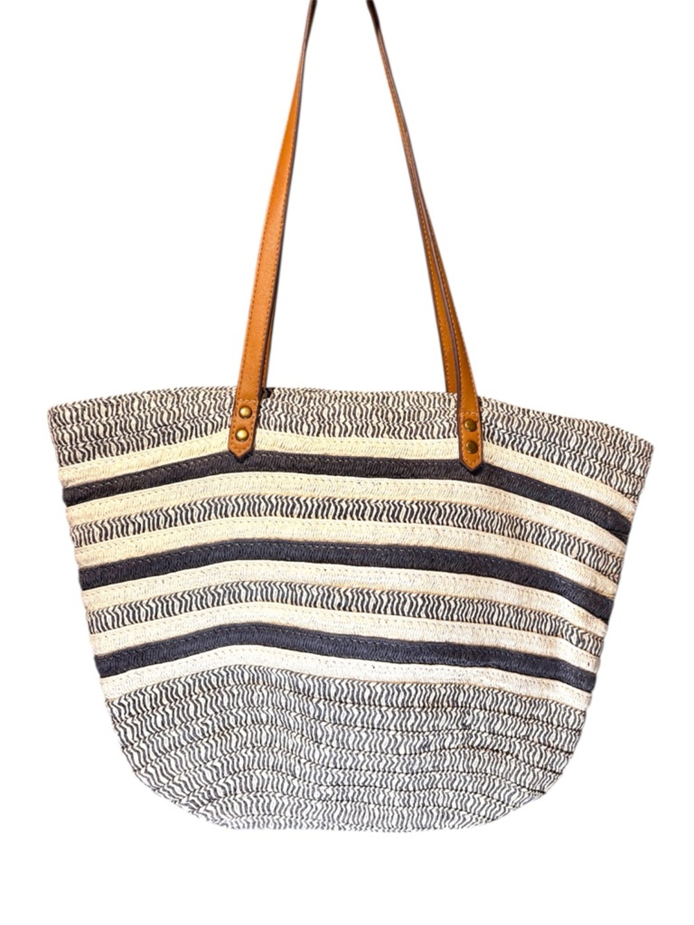 Sonoma Navy and Cream Striped Woven Tote with Tan Handles